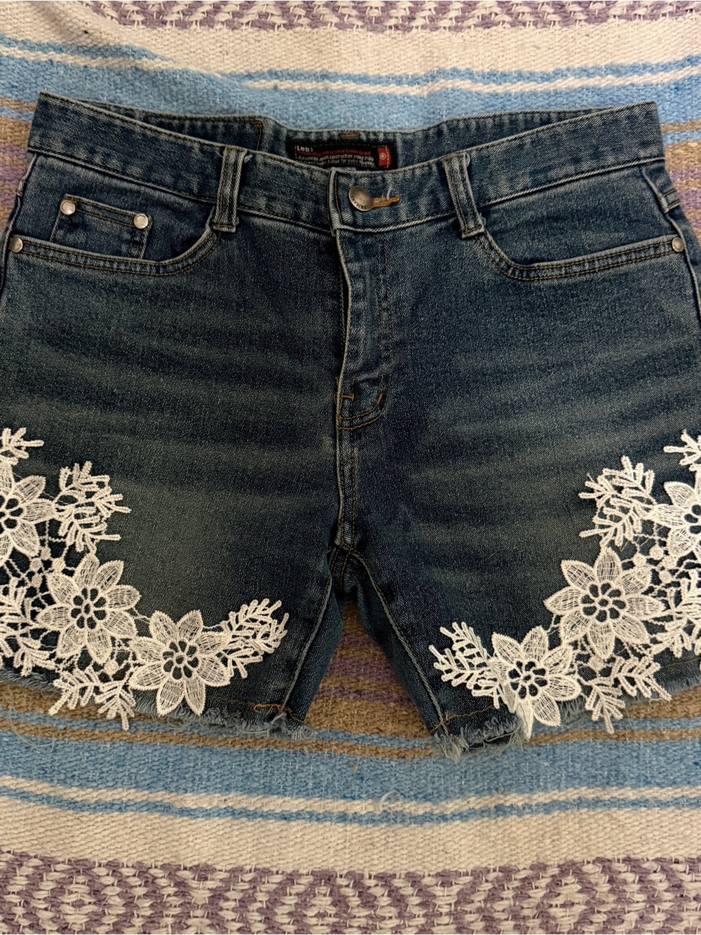 Dark Wash Denim Jean Shorts with White Lace Appliqué